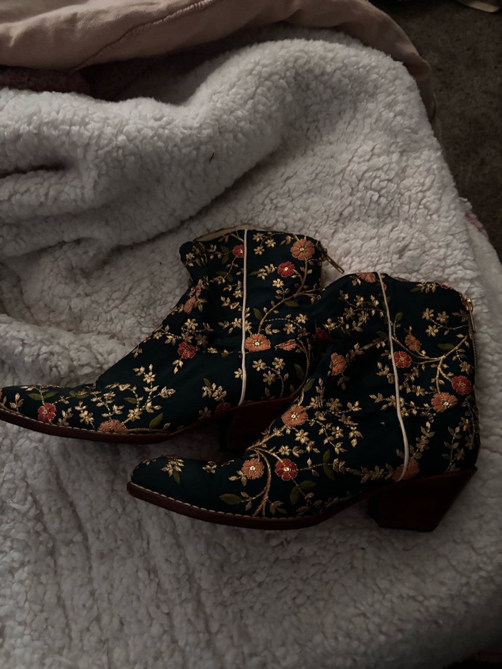 Embroidered Floral Ankle Boots -  Blue